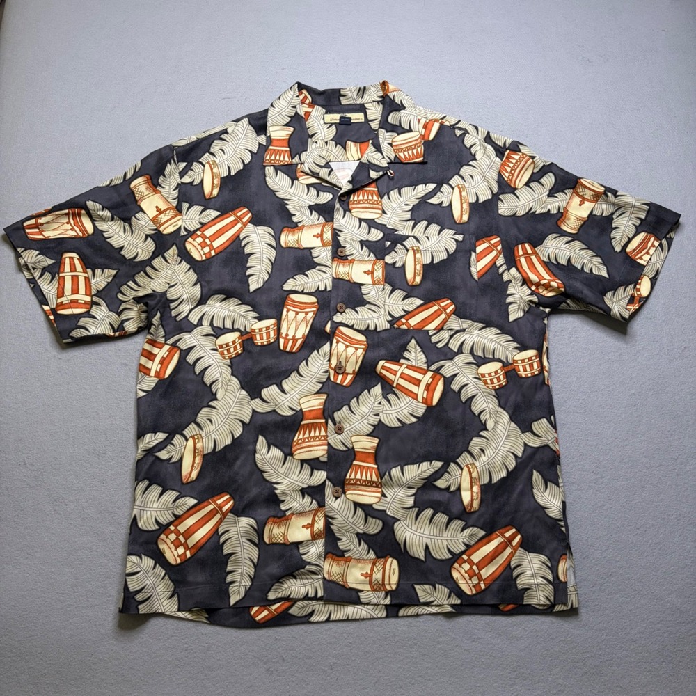 Tommy Bahama‎ Shirt Mens L Navy Silk Bongo Drum Tropical Leaf Camp Button Up
